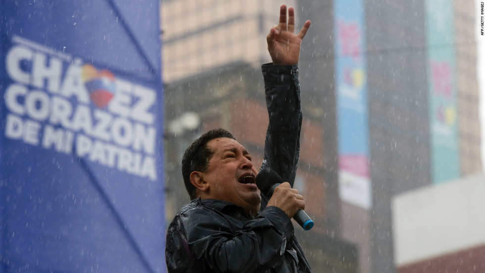 Chavez delivers a speeech in the rain during his on Thursday. Venezuelans head to the polls on Sunday, October 7.