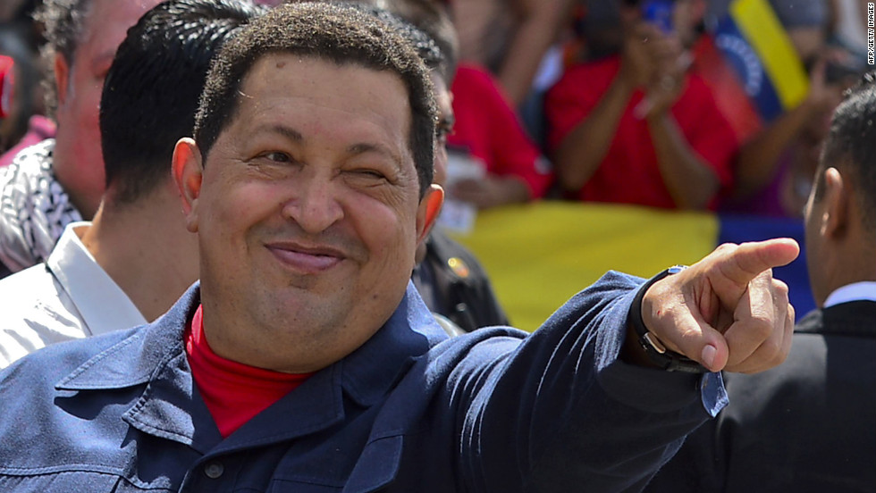 Chavez greets a crowd before voting Sunday. The 58-year-old leader has been weakened by two surgeries for cancer, keeping secret the type of cancer and his prognosis. &lt;a href=&quot;http://www.cnn.com/2012/10/03/americas/gallery/venezuela-election/index.html&quot; target=&quot;_blank&quot;&gt;Photos: Venezuela&#39;s presidential vote&lt;/a&gt;