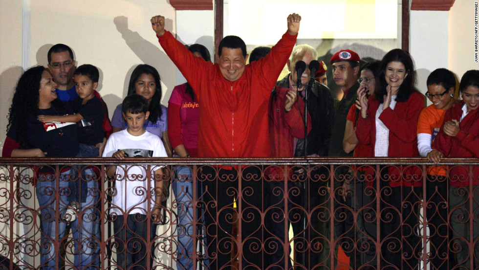Venezuelan President Hugo Chavez greets supporters after receiving news of his re-election in Caracas on Sunday, October 7. With 90% of the ballots counted, Chavez, who has been president since 1999, defeated Henrique Capriles Radonski with 54.42% of the votes, according to an National Electoral Council official.&lt;a href=&quot;http://www.cnn.com/2012/10/03/americas/gallery/venezuela-election/index.html&quot; target=&quot;_blank&quot;&gt; Photos: Venezuela&#39;s presidential vote&lt;/a&gt;