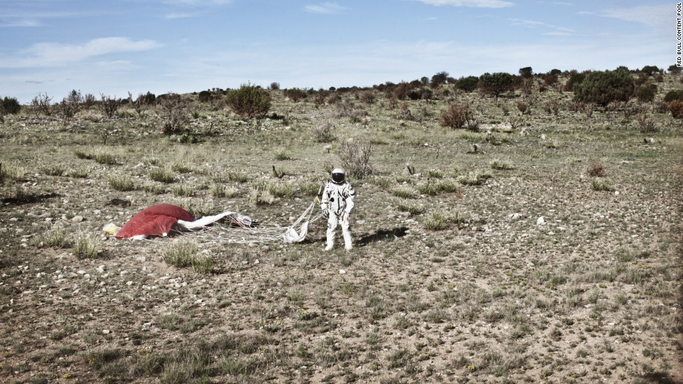 Baumgartner stands in the desert after completing the second manned test flight for Red Bull Stratos in Roswell, New Mexico, on July 25. 