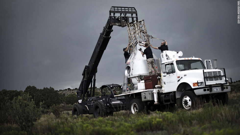 Crew members recover the capsule after the second manned test flight for Red Bull Stratos in Roswell on July 25.