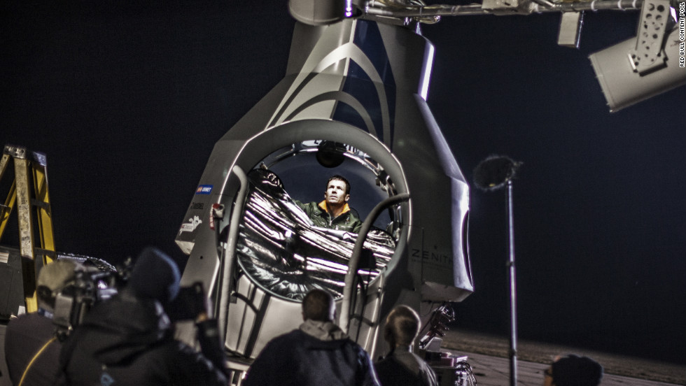 Baumgartner sits in his capsule before the scheduled final manned flight of Red Bull Stratos in Roswell on Tuesday, October 9.