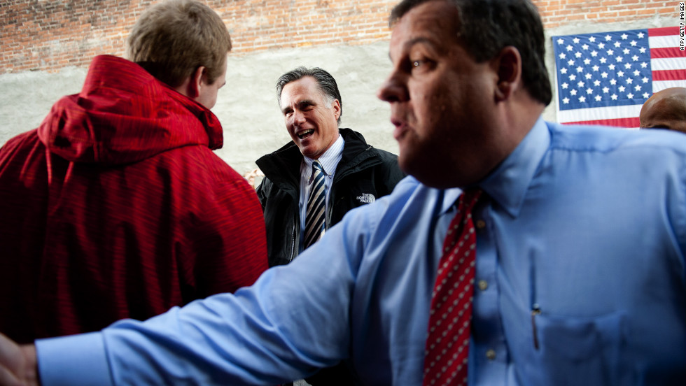 Romney and New Jersey Gov. Chris Christie talk with supporters at Buns Bakery and Restaurant in Delaware, Ohio, on Wednesday, October 10. Romney is campaigning in Ohio with less than a month to go before the general election.