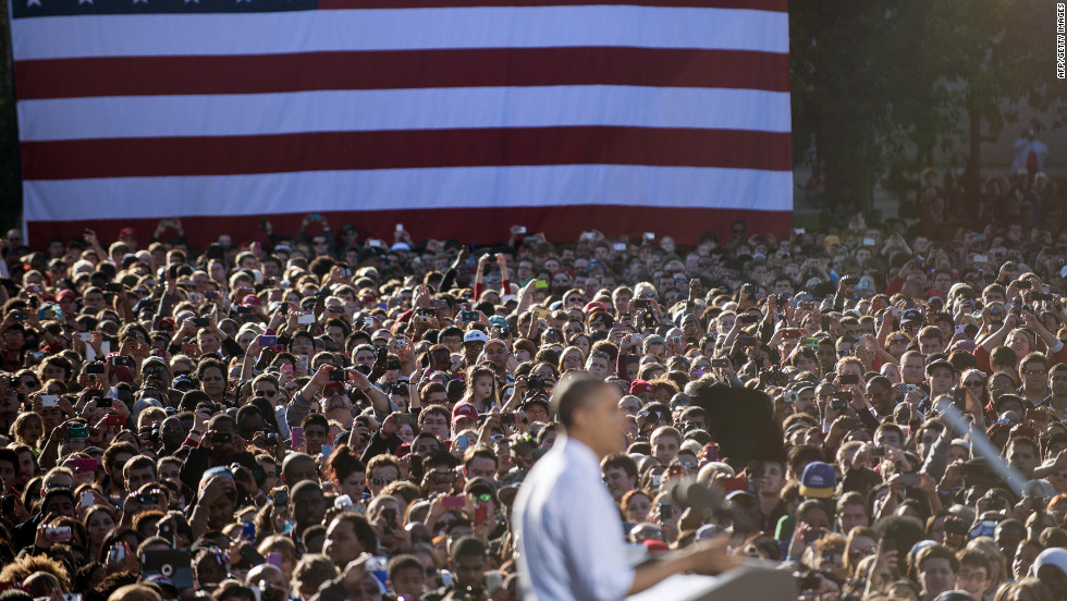 Obama addresses supporters during a campaign event at The Ohio State University on Tuesday.