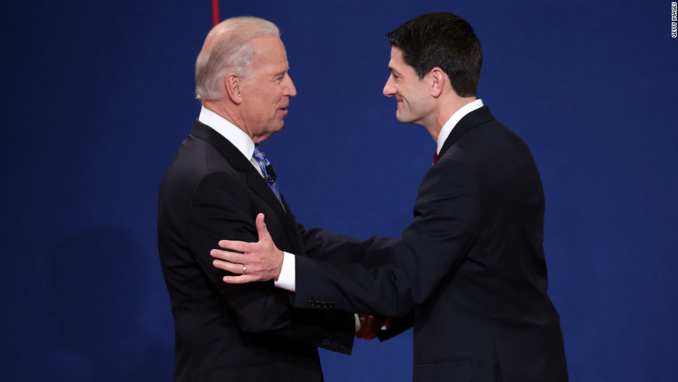 Vice President Joe Biden, left, shakes hands with Republican vice presidential candidate Paul Ryan before the vice presidential debate.