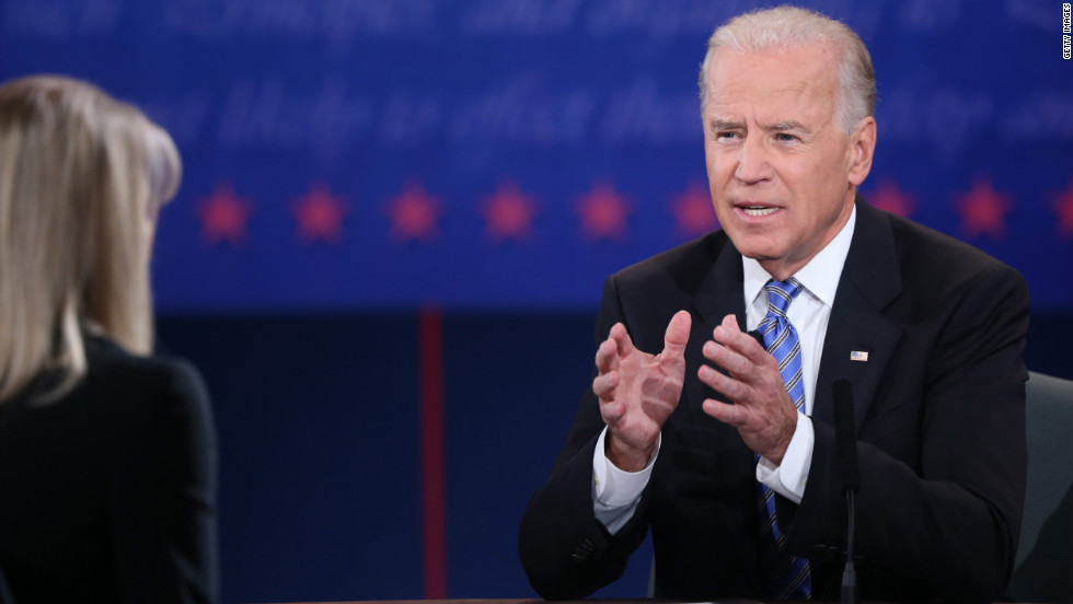 Vice President Joe Biden speaks during the vice presidential debate as moderator Martha Raddatz looks on.