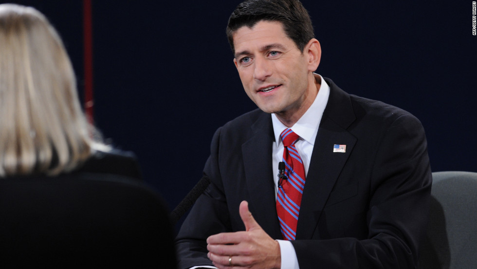 Vice presidential candidate Paul Ryan engages the moderator during the vice presidential debate.