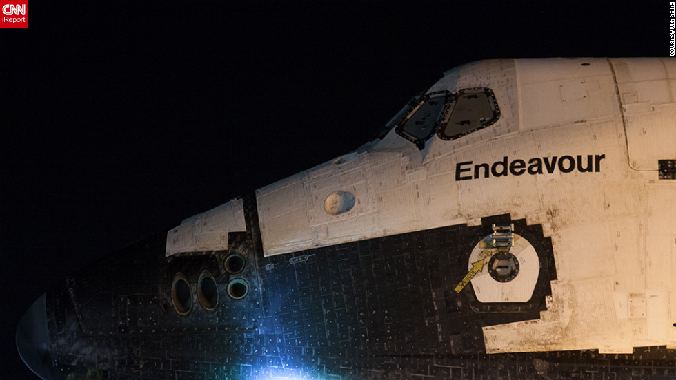 CNN iReporter Wes Smith and other space enthusiasts got a close-up view of the space shuttle Endeavour early Friday as it makes its final journey from Los Angeles International Airport to the &lt;a href=&quot;http://www.californiasciencecenter.org/&quot; target=&quot;_blank&quot;&gt;California Science Center&lt;/a&gt;. Smith says he saw the shuttle about 5 a.m. after waiting in a Los Angeles parking lot across from Endeavour&#39;s overnight holding area. 