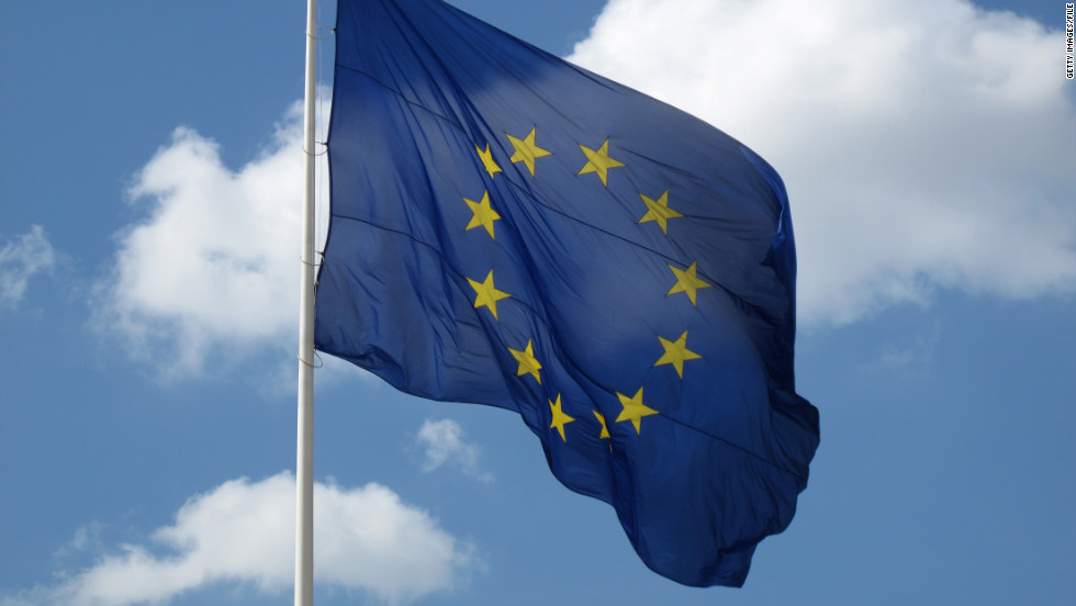 European Union flag at the Mirador de San Vicente in Rio Madrid, Spain, April 2011. (Photo by Cristina Arias/Cover/Getty Images)