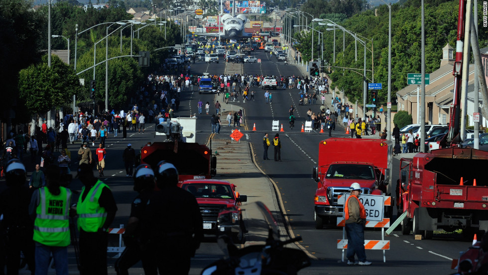 Road blocks preceed Endeavour on its journey to the California Science Center.