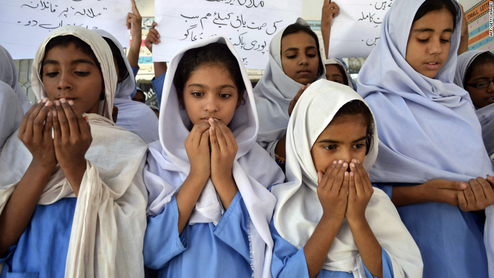 Pakistani school girls pray for the Malala&#39;s recovery. Over the weekend, the teen moved her limbs after doctors &quot;reduced sedation to make a clinical assessment,&quot; military spokesman Maj. Gen. Asim Bajwa said.