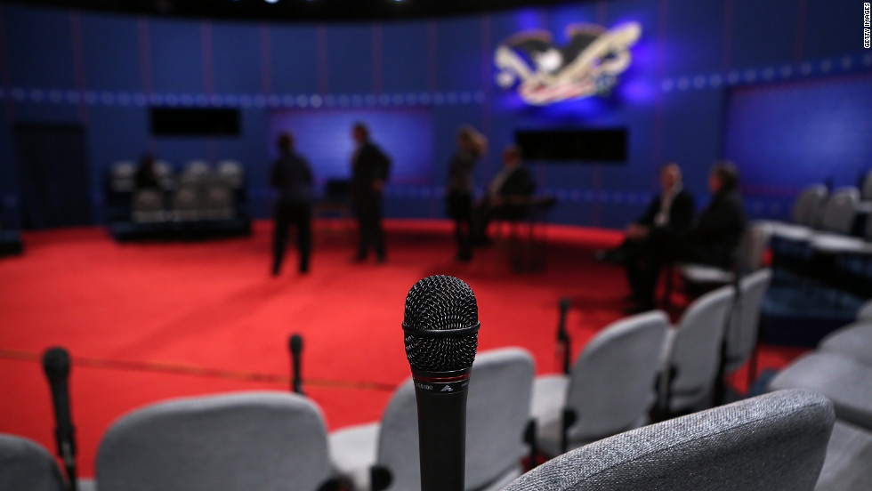 Members of the production crew ready final preparations for the second presidential debate between President Barack Obama and Republican nominee Mitt Romney on Tuesday.