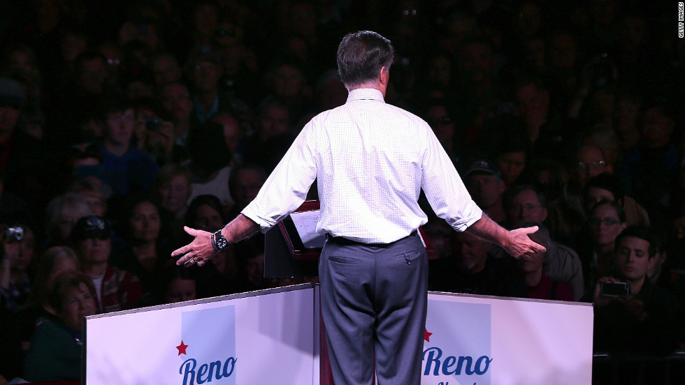 Romney gestures to the crowd during a campaign event at the Reno Event Center in Reno, Nevada on Wednesday.