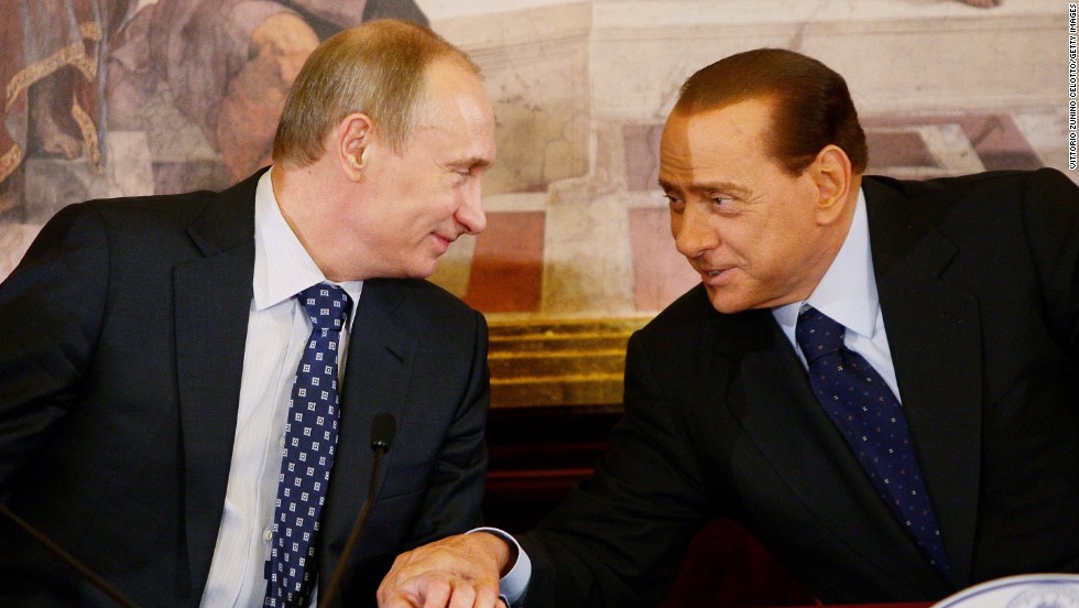 Russia&#39;s Vladimir Putin joins Berlusconi for a press conference in Lesmo, Italy, in April 2010.