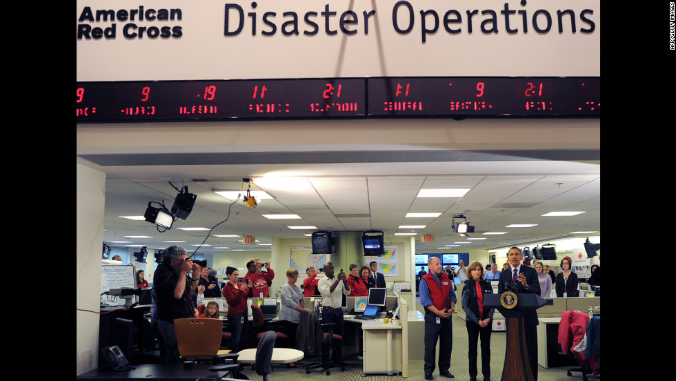 President Barack Obama speaks about the federal government&#39;s response to Superstorm Sandy at the headquarters of the Red Cross in Washington on Tuesday, October 30.