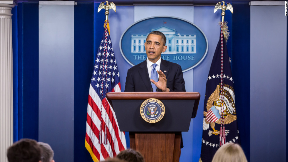 Obama makes a statement in the White House briefing room following a briefing on Hurricane Sandy on Monday in Washington. Obama returned early from a campaign trip to Florida and has canceled several other campaign events to monitor the storm.