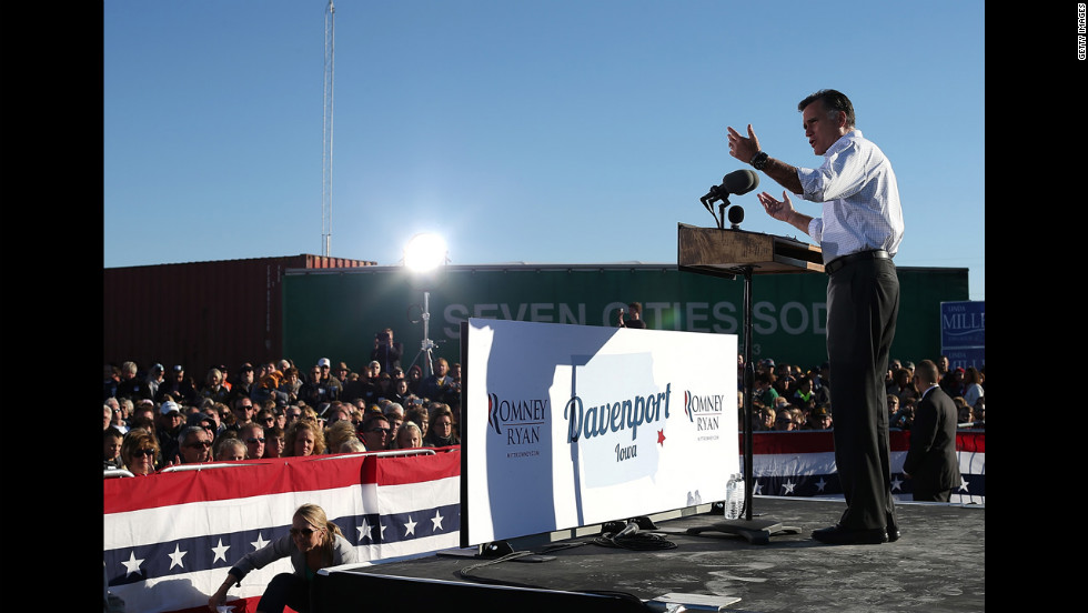 Romney speaks during a campaign rally at Seven Cities Sod on Monday in Davenport, Iowa.