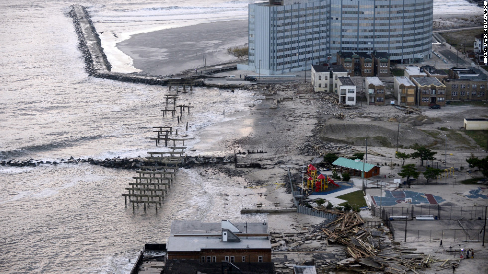 Waterfront property in Atlantic City lays in tatters on Wednesday. Transportation in the state was crippled by floodwaters, as well.