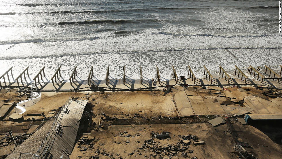 The Rockaway boardwalk in Queens, New York, was stripped down to the piers by Superstorm Sandy. 