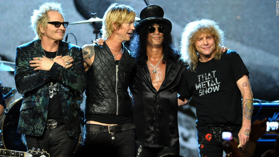 Matt Sorum, left to right, Duff McKagan, Slash and Steven Adler perform onstage during the 2012 Rock And Roll Hall of Fame Induction Ceremony in Cleveland, Ohio.