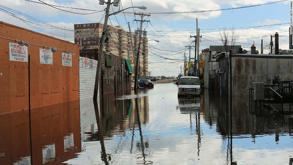 Flood-damaged streets are viewed in the Rockaway section of Queens, New York, where the historic boardwalk was washed away due to Hurricane Sandy.