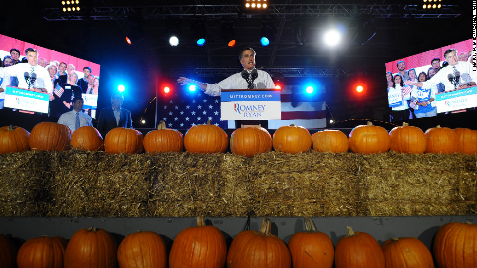 Republican presidential candidate Mitt Romney holds a campaign rally on Halloween at Metropolitan Park in Jacksonville, Florida, on Wednesday, October 31.