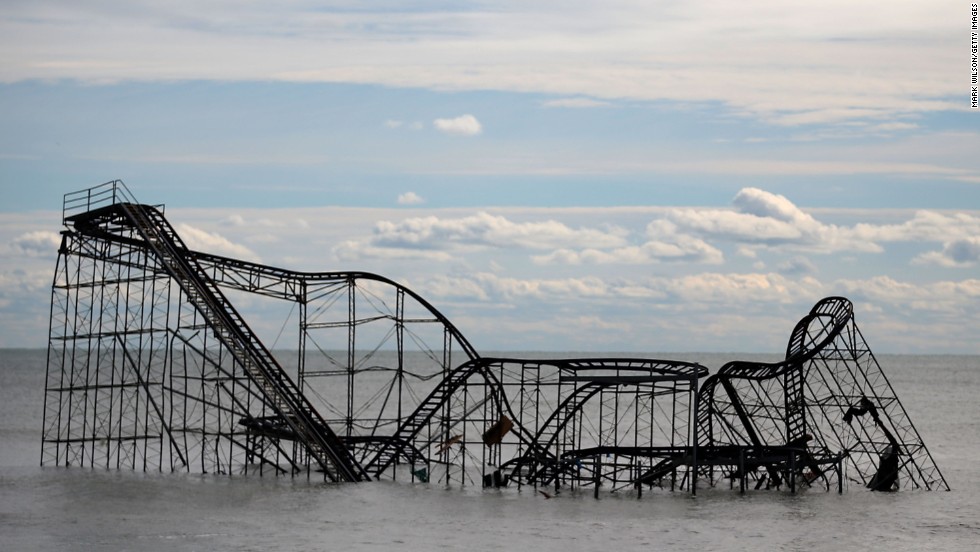 A roller coaster sits in the Atlantic Ocean on Thursday after the Fun Town pier it sat on in Seaside Heights, New Jersey&lt;strong&gt;, &lt;/strong&gt;was destroyed by Superstorm Sandy. 