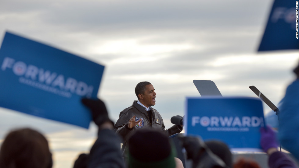 Obama addresses a campaign rally Thursday at  Austin Straubel International Airport in Green Bay, Wisconsin.