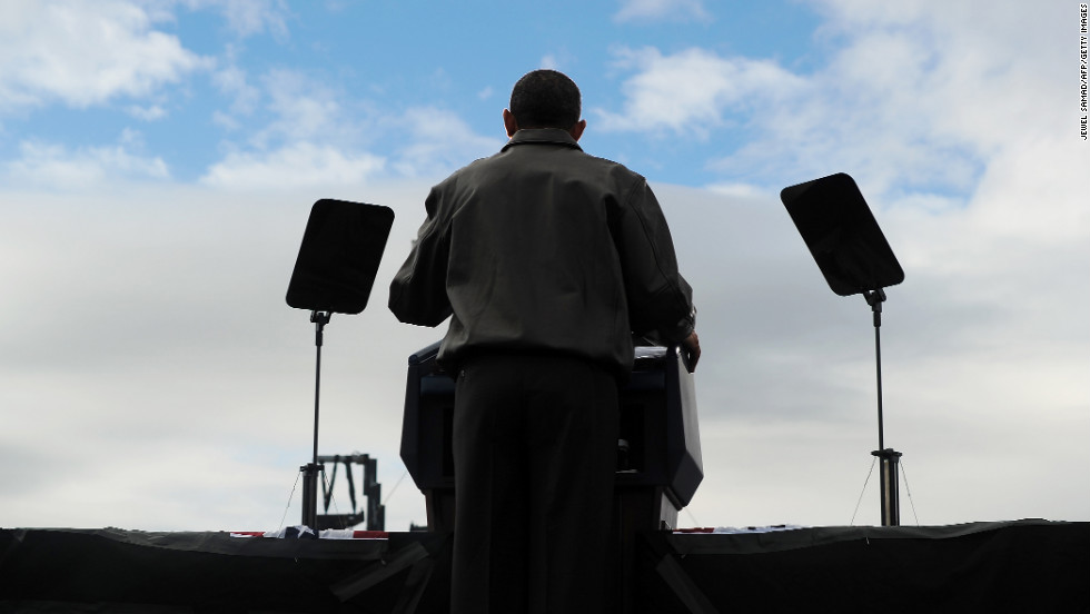 President Obama speaks during a campaign rally at  Austin Straubel International Airport.