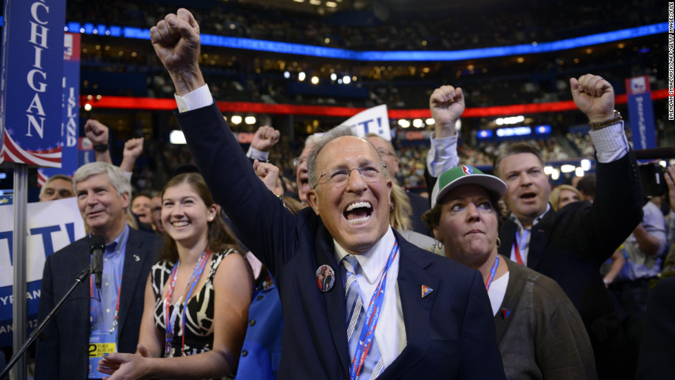 Mitt Romney&#39;s brother Scott cheers during the roll call for nomination of the Republican presidential candidate at the 2012 Republican National Convention.