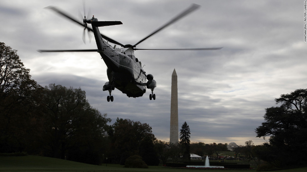 President Barack Obama departs aboard Marine One for travel to campaign events in Ohio, Wisconsin, Iowa and Virginia from the south lawn of the White House on Saturday.