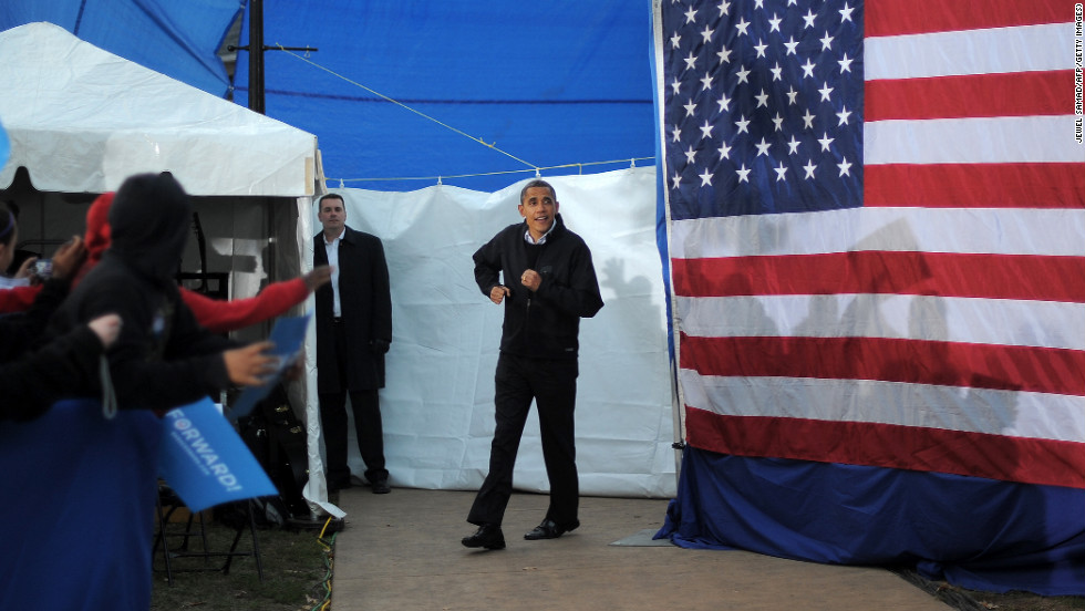 Obama arrives at a campaign rally in Dubuque, Iowa, on Saturday, November 3. 