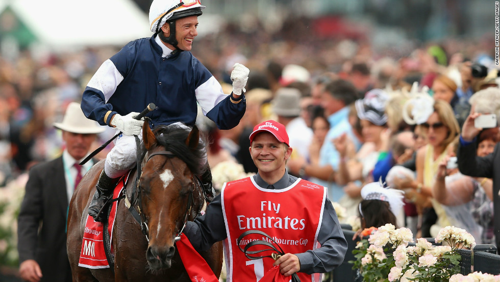 Brett Prebble riding Green Moon celebrates as he returns to the scales after winning the coveted Cup.
