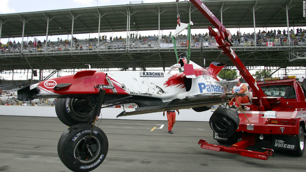 A puncture during practice caused Ralf Schumacher&#39;s Toyota to crash at the banked final turn -- the fastest part of the track -- sparking the controversy that led to so few cars starting the race.