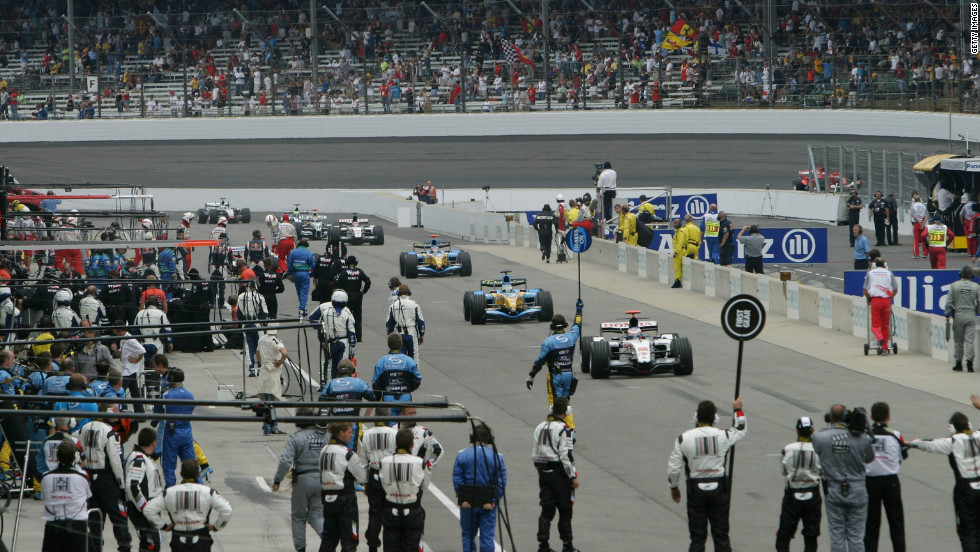 A dispute over tire safety saw the 2005 U.S. GP at Indianapolis descend into farce. Only six cars contested the race as the rest of the field peeled off into the pits before it began.