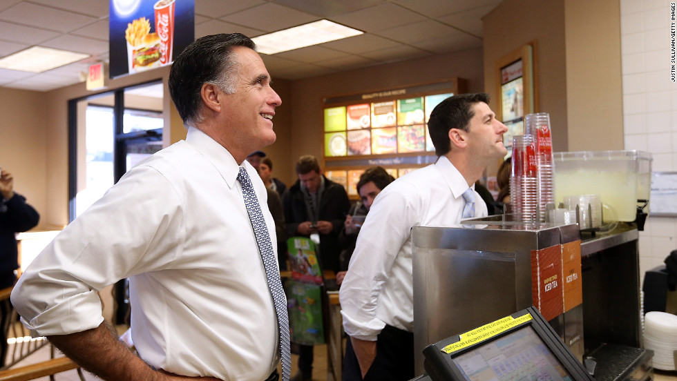 Republican presidential candidate Mitt Romney and his running mate, Rep. Paul Ryan, order food at a Wendy&#39;s restuarant in Richmond Heights, Ohio, on Tuesday.