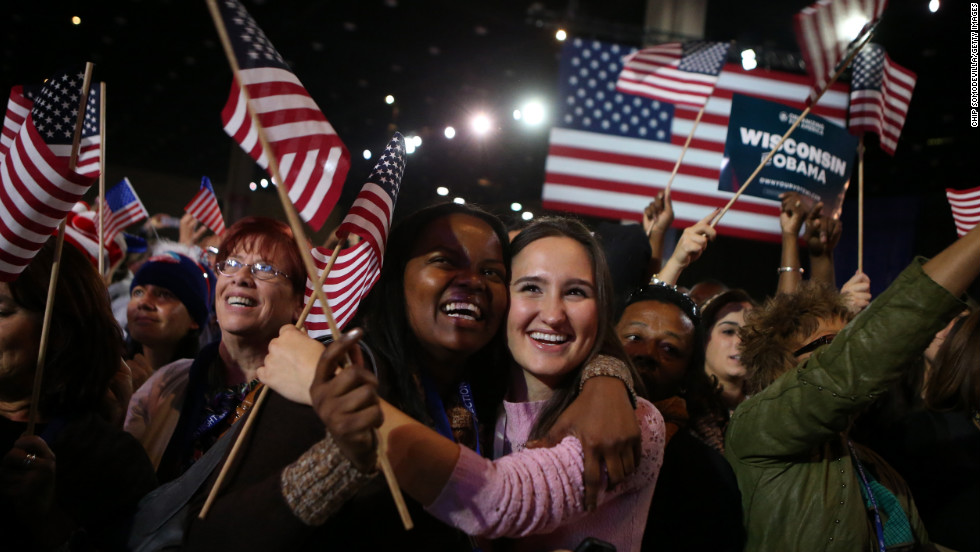 President Obama&#39;s young supporters in Chicago cheered and waved flags.  