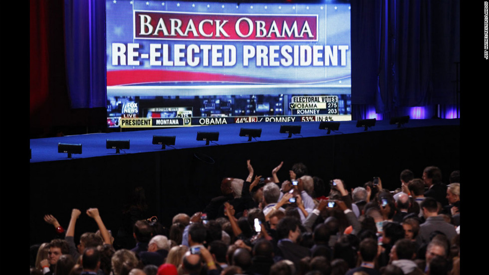 A huge screen gave Obama supporters in Chicago plenty to cheer about: The president won a second term. 