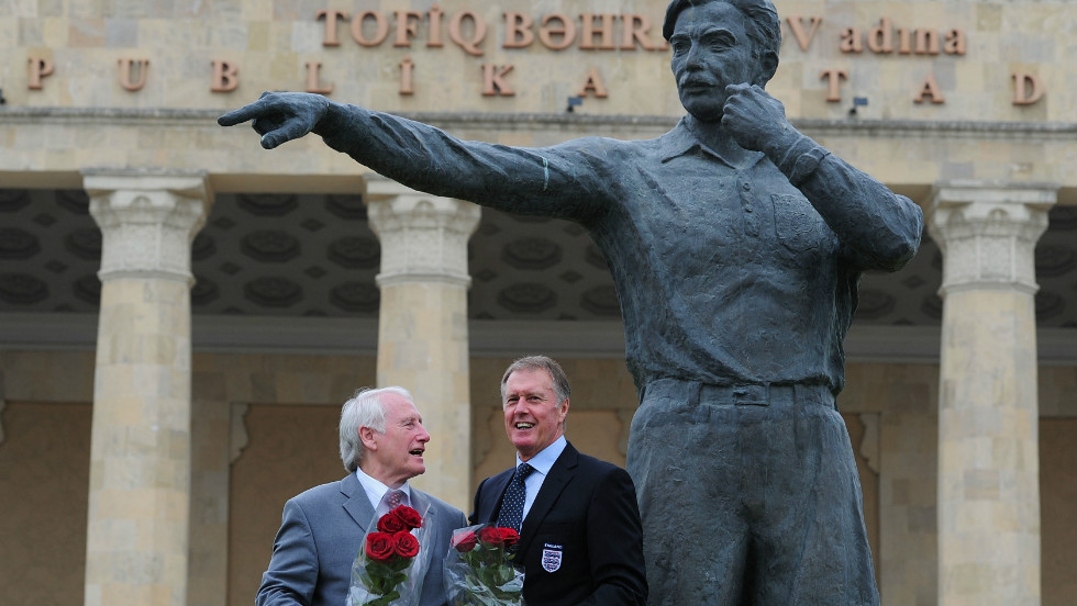 It is not just managers and players who have been immortalized in sculpture form. In Baku, Azerbaijan, there is a statue of the 1966 World Cup final linesman Tofig Bahramov outside the Tofig Bahramov stadium. Here former West Germany goalkeeper Hans Tilkowski and former England striker Sir Geoff Hurst are pictured standing next to the the Bahramov statue in June 2011.