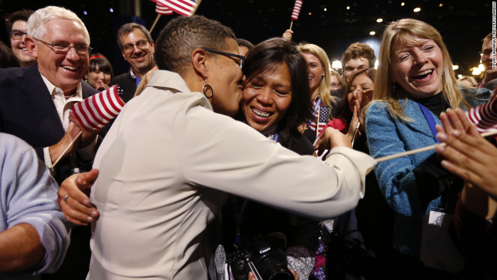 Keesha Patterson, left, proposed to Rowan Ha during a rally at Obama headquarters in Chicago. The women live in Maryland, where voters approved same-sex marriage.