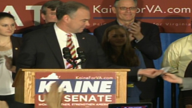 Kaine stops speech to announce Obama win