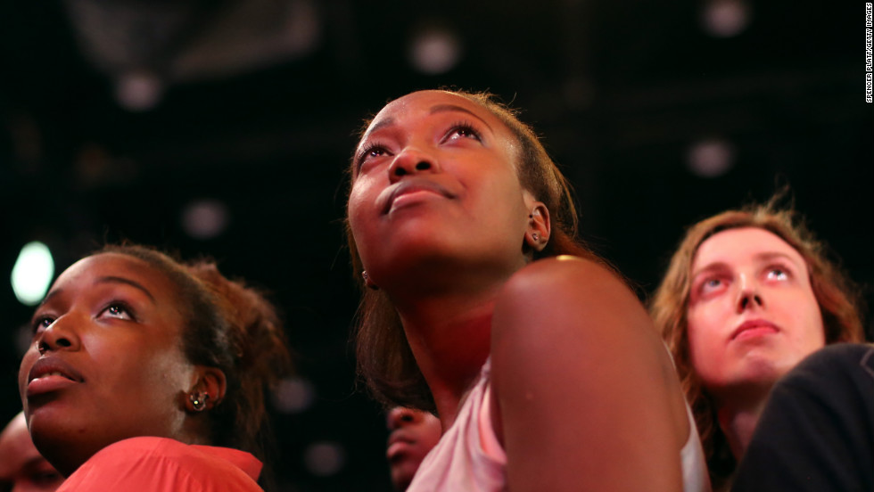 Young Obama supporters watched the president stride onto the stage to deliver his victory speech. 