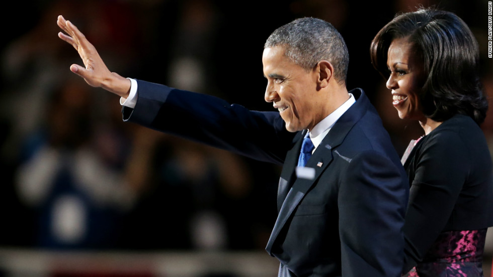 With first lady Michell Obama at his side, President Barack Obama gave the crowd a wave at an election night celebration in Chicago. 