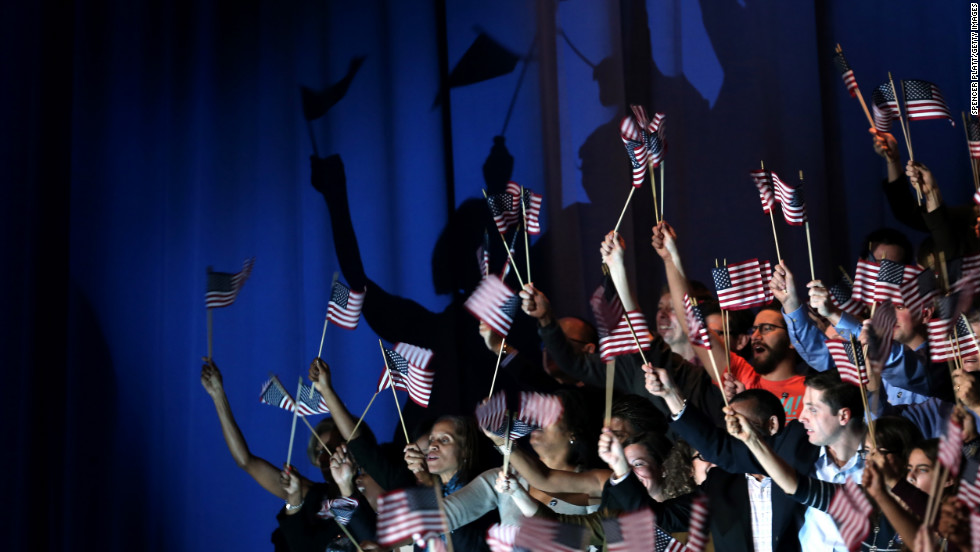 Flags fluttered in Chicago as President Barack Obama delivered his victory speech after being reelected for a second term.