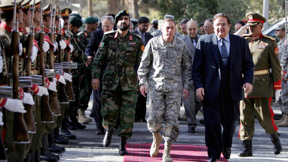 At the end of October, Petraeus was advanced to Commander of Central Command. Pictured, Petraeus and Afghan Defense Minister Gen. Abdul Rahim Wardak inspect an Afghan Guard of Honor at the Defense Ministry in Kabul on November 5, 2008. Petraeus arrived in Kabul to assess efforts against insurgents in the start of his new job, the U.S. military said.