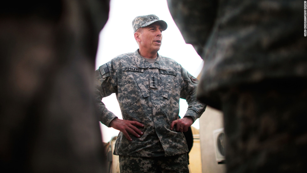 Petraeus announced October 6 that he was diagnosed in February with early stage prostate cancer and underwent two months of radiation treatment. Pictured, the commander of U.S. Central Command meets young officers in October 2009 at Forward Operating Base Wilson in Kandahar Province, Afghanistan.  Petraeus had been touring bases to meet with base commanders.  