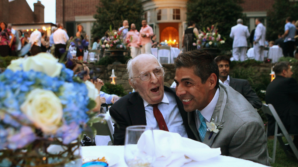 On August 21, 2010, TV reporter Roby Chavez, right, shares a moment with gay rights activist Frank Kameny during Chavez and Chris Roe&#39;s wedding ceremony in the nation&#39;s capital. Same-sex marriage became legal in Washington in March 2010.