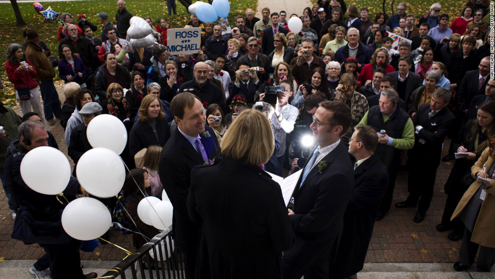 Michael Miller, left, and Ross Zachs marry on the West Hartford Town Hall steps after same-sex marriage became legal in Connecticut on November 12, 2008.