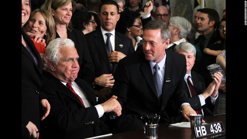 On March 1, 2012, Maryland Gov. Martin O&#39;Malley, center, shakes hands with Senate President Thomas V. &quot;Mike&quot; Miller after signing a same-sex marriage bill. The law was challenged, but voters approved marriage equality in a November 2012 referendum.