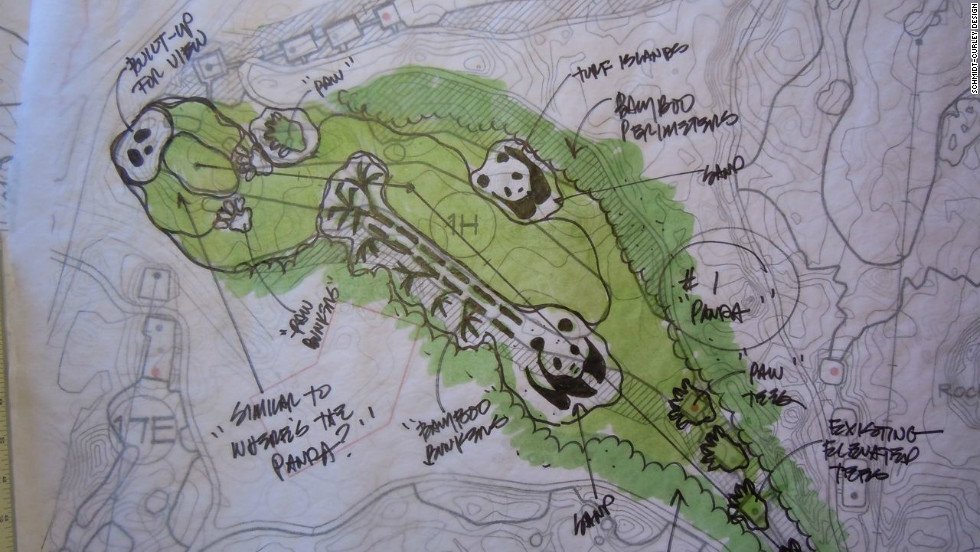 One of the holes is dedicated to the most popular animal in China, the giant panda, and this sketch illustrates the design features.